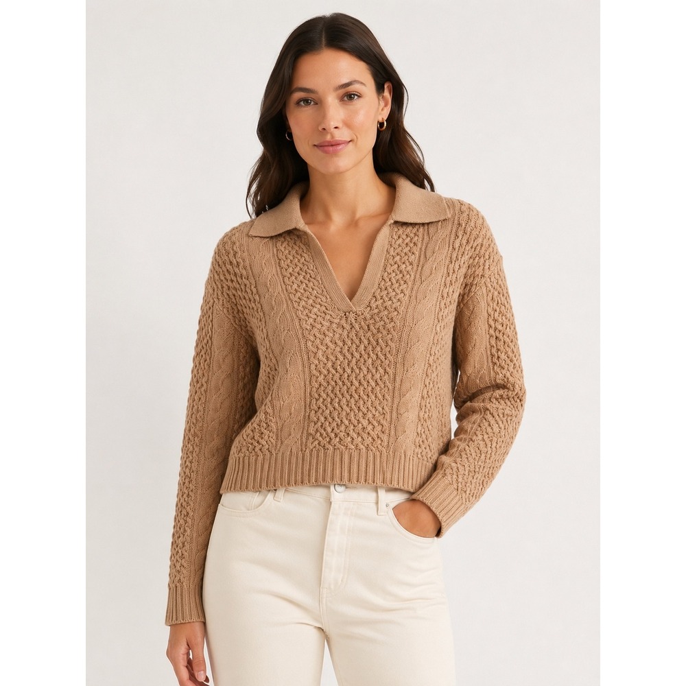 Jason Wu Cable Knit Polo Sweater Large Camel Cotton Wool Blend